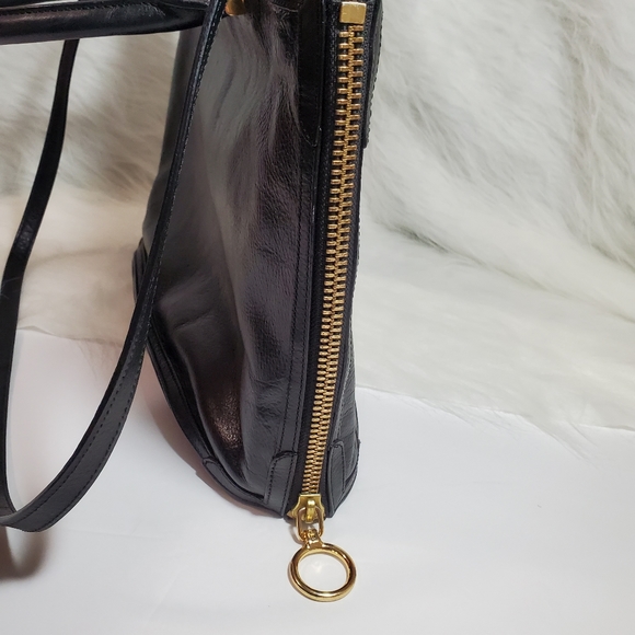 Lauren by Ralph Lauren Black Leather Satchel Tote Bag, Side Zippers to Expand - Picture 6 of 10